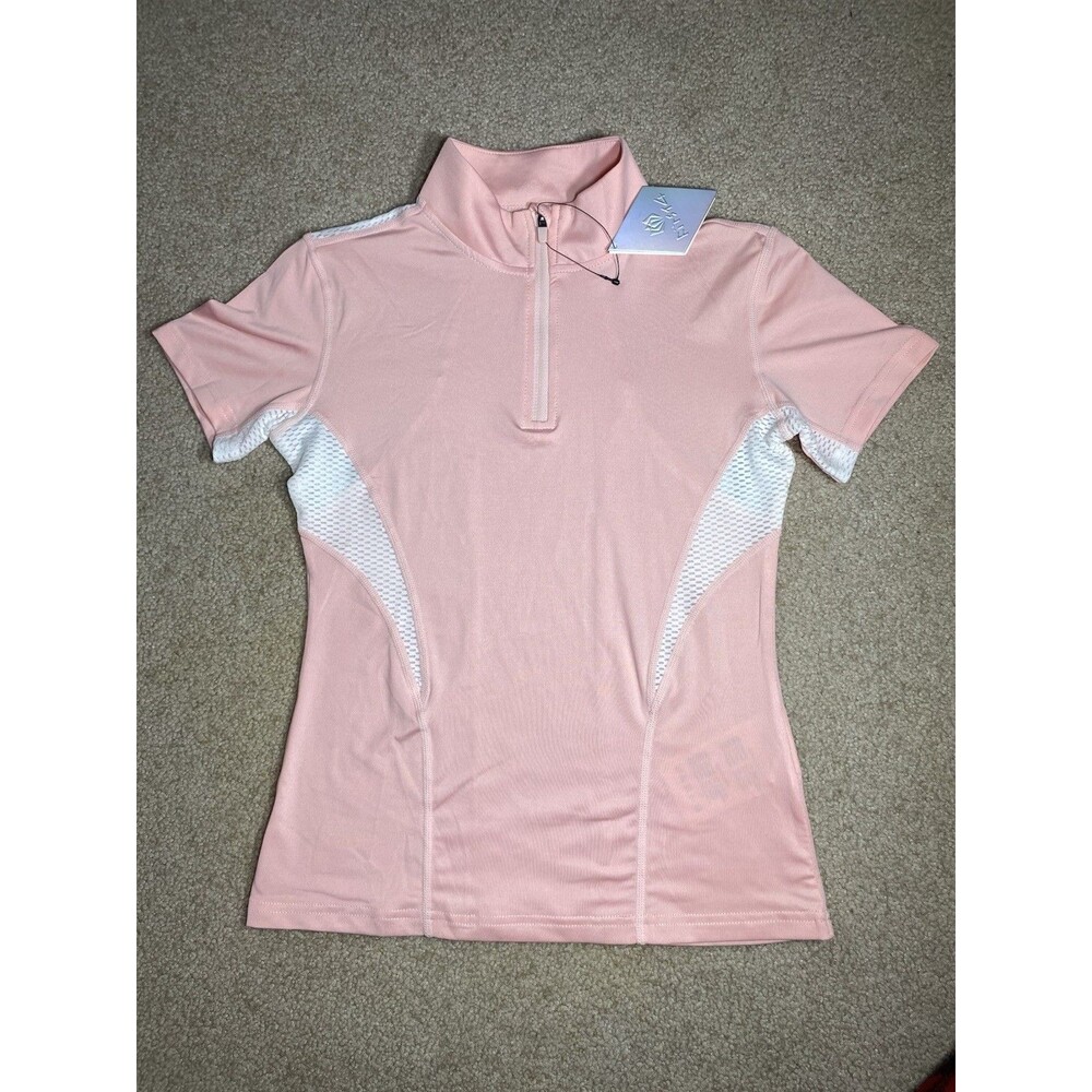 FitT4 Girls Pink White Equestrian Polo Shirt 1/4 Zip Mesh Size M NWT